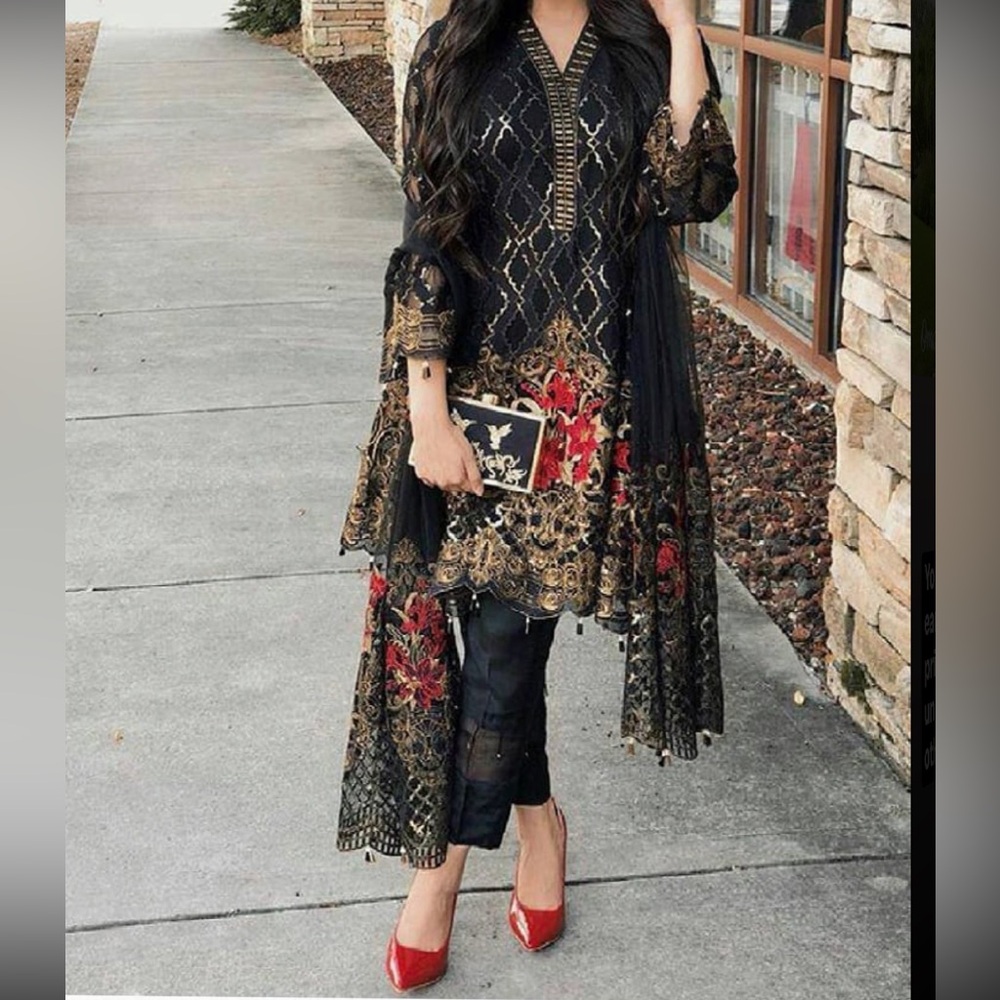Black and Gold Embroidered Dress with Red Accents